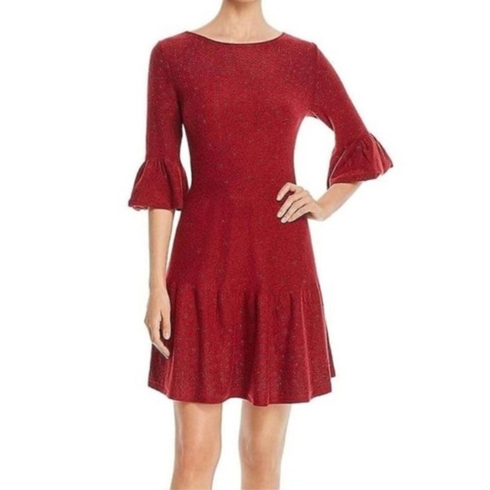 Nic & Zoe Celestial Ruby Red Studded Bell Sleeve Sweater Dress, size XS Petite